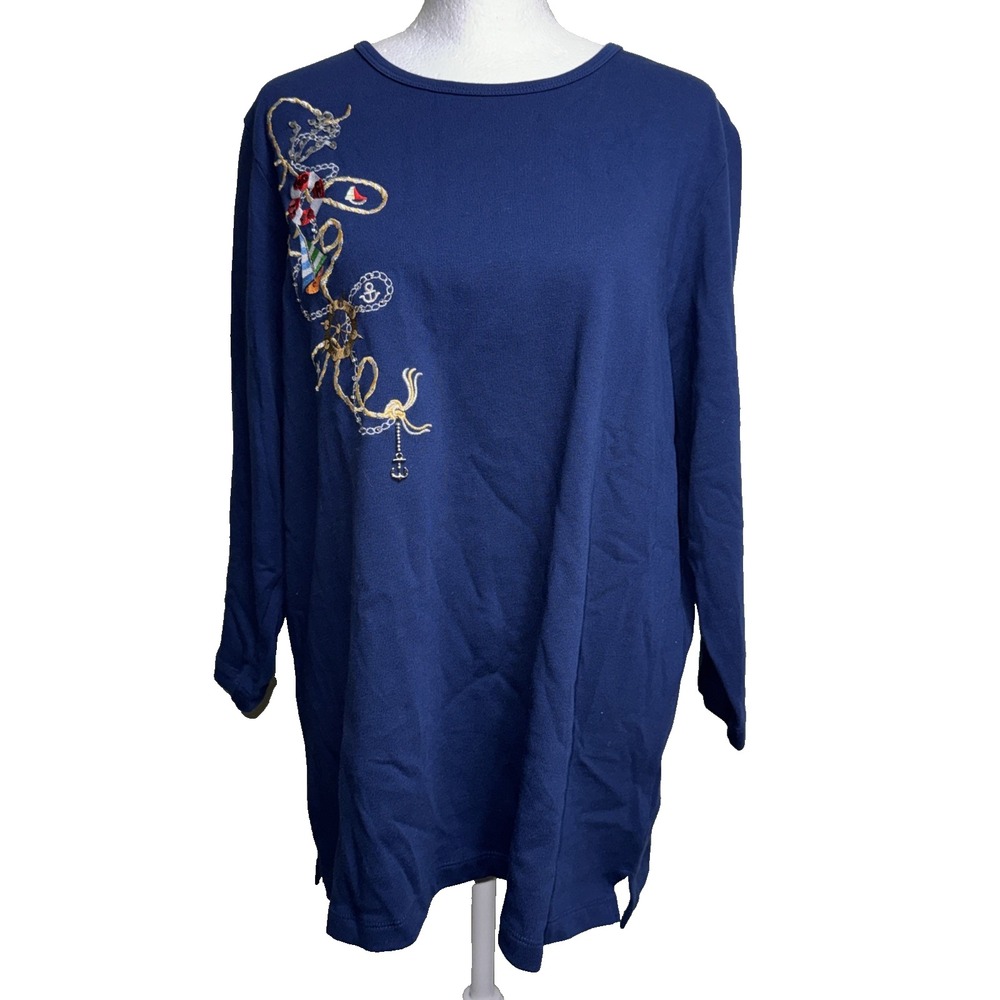 Quacker Factory Top L Blue Cotton Boat Anchor Rope Sequin Coastal Grandma‎